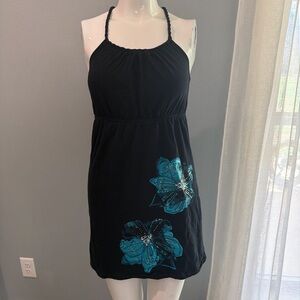 Vanity 100% Cotton Black Braided Halter Sequins Floral Dress/Bathingsuit Cover